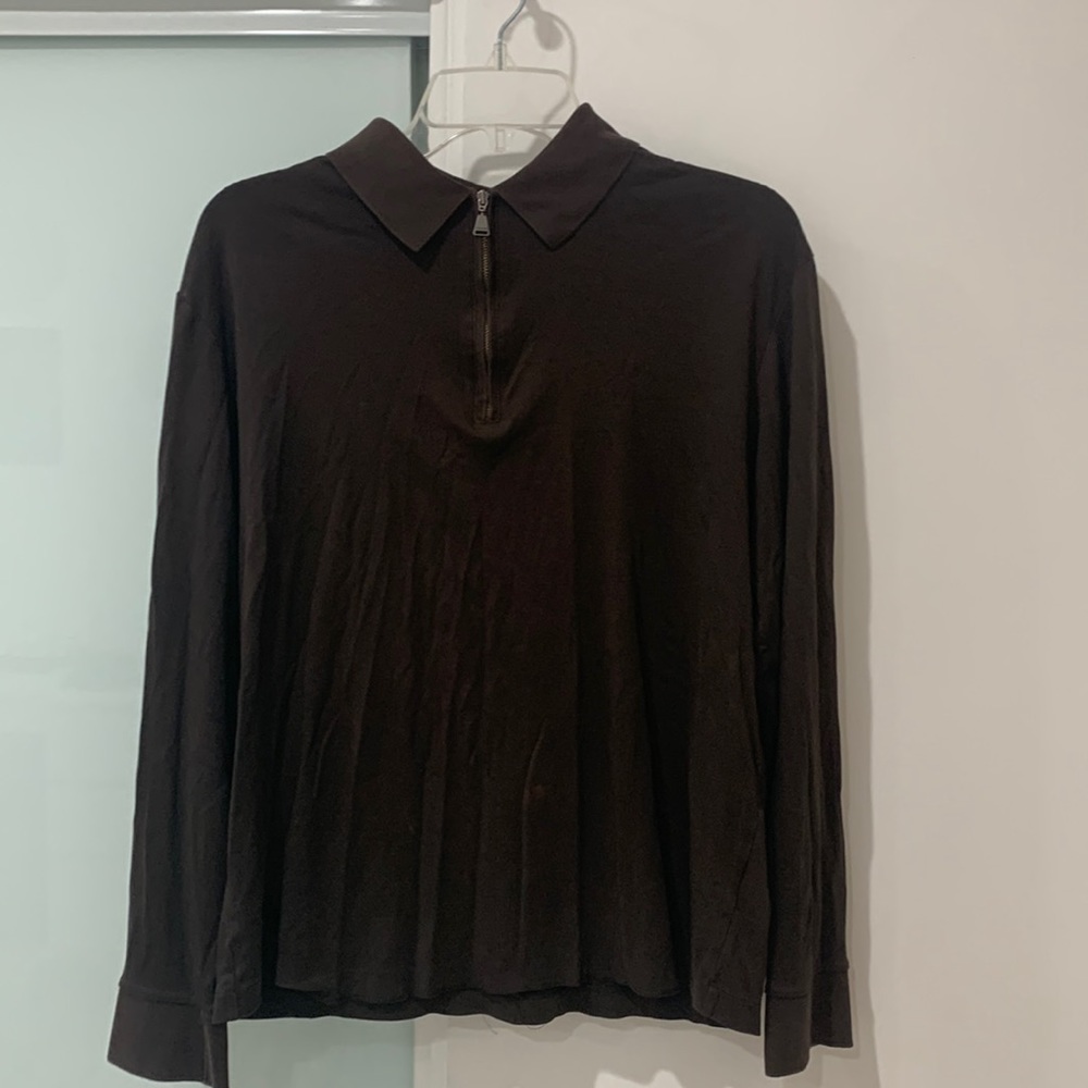 Murano Liquid Cotton Brown Long Sleeve Quarter Zip Polo Shirt Size Medium